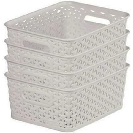 Rattan-effekt Sett med 4 kjøkken, stue, bad, soverom, vaskerom Små rektangulære oppbevaringskurver 4 liter - Lys grå