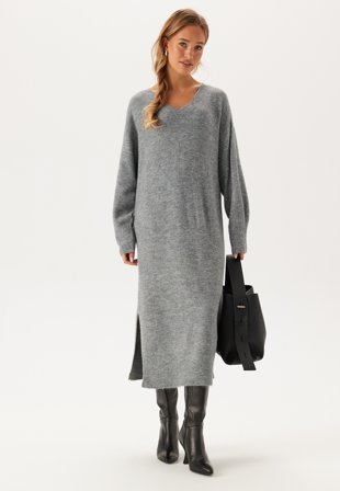 VERO MODA - Vmjupiter Ls V-neck Calf Dress - Medium Grey Melange - Kläder - - Bubbleroom