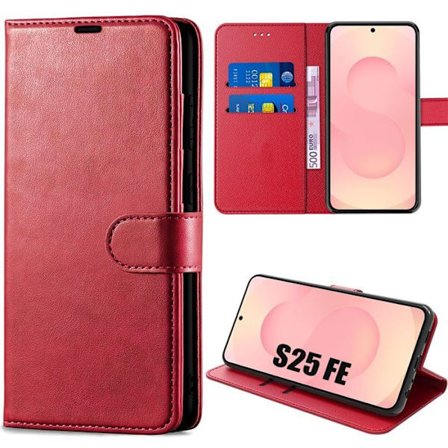 Beskyttelsesskal - BOOLING - til Samsung Galaxy S25 FE - Flip Case Stødabsorberende Rød Læder Effekt