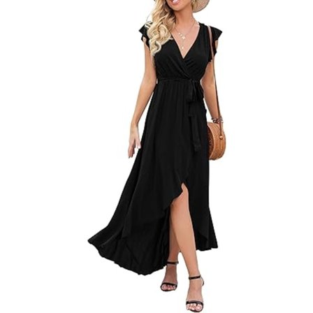 Sommarklänning för damer med blommigt tryck, korsad V-ringning, bohemisk, böljande, lång maxiklänning