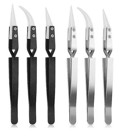 6 stk. Omvendt Keramiske Pinsett med Spisse Buede Spisser - Sett med Ikke-Ledende Pinsett