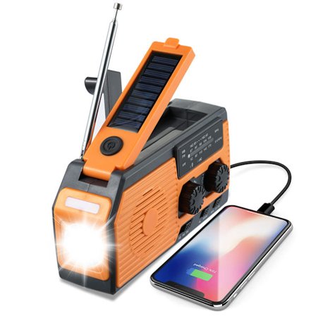 Vevradio med solcell, ficklampa och 8000mAh powerbank