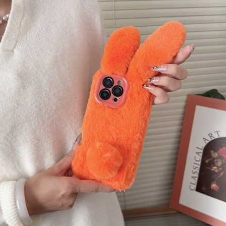 Telefondeksel: Oransje plysj 3D lange ører kaninramme stativ telefondeksel, egnet for Apple 17 Pro Max/17 Pro/17 Air/17/16 Pro Max/16 Pro/16 Plus/16/