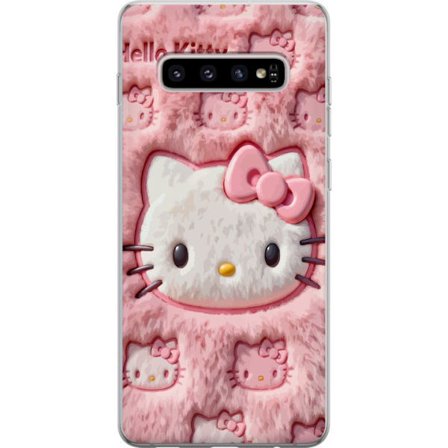 Kompatibelt Mobildeksel til Samsung Galaxy S10+ Hello Kitty rosa fluffy bakgrunn med ikoniskt ansikt og kawaii-estetikk