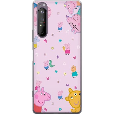 Kompatibelt Mobildeksel til Sony Xperia 1 II Peppa Gris med en baby i armene, mamma gris motiv i fargerik og myk barneillustrasjon med hjerter