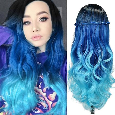 Långt hår Body Wave Ombre Blåaktig Teal Blå Peruker För Svarta Och Vita Kvinnor 3 Ton Färger Mitten Del Värmebeständig Marinblå Peruk Syntetiskt Hår 