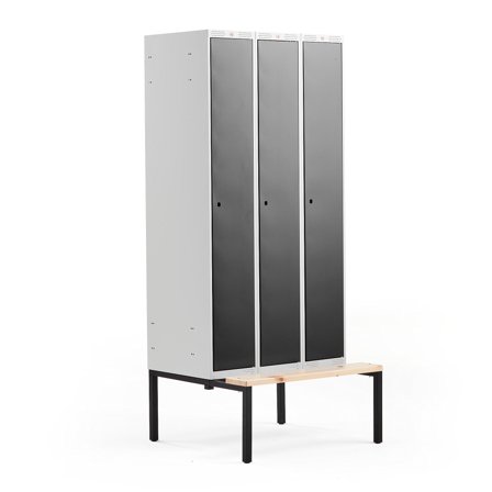 Kleiderspind CLASSIC mit Sitzbank, 3 Module, 2120 x 900 x 550 mm, schwarz