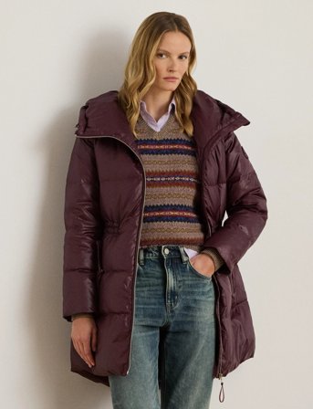 Lauren Ralph Lauren Hooded Channel-Quilted Down Coat - Burgundy - XL