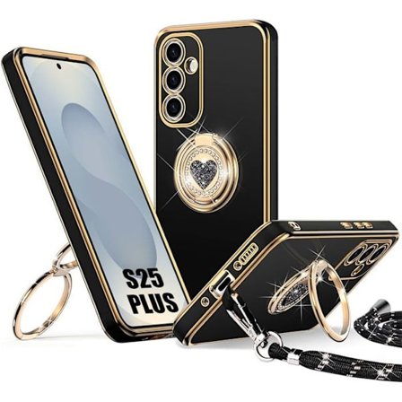 Beskyttelse - BOOLING - til Samsung Galaxy S25 Plus - Sort - Hjerte mønster - Støtte ring