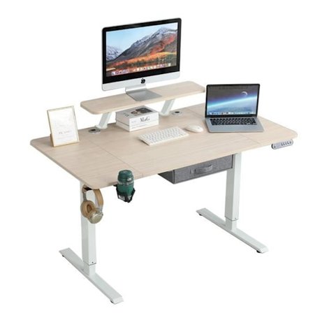 Radlove 140 cm elektrisk siddende ståbord med hylde, højdejusterbart skrivebord, stående skrivebordsbord, eg