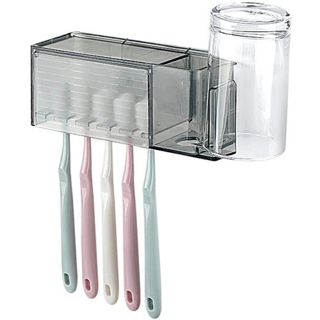 Vægmonteret tandbørsteholder med 5 rum og låg, selvklæbende tandbørsteopbevaringsholder til brusebad, medicinskab, kollegieværelse