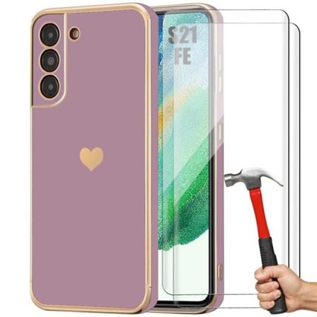 Hölster - PROSHOP - för Samsung Galaxy S21 FE - Stöttålig - Hjärtmönster - Lila - med 2 Härdade Glas