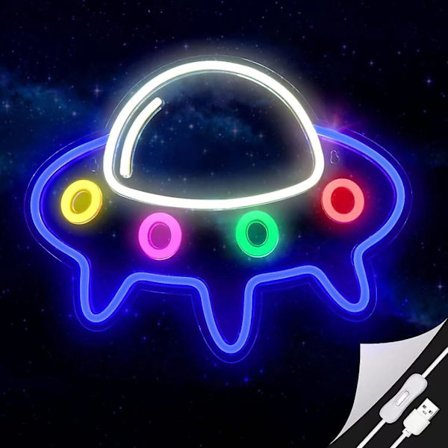 1 st UFO Neon Skylt för Sovrumsdekor, Alien Rymdskepp LED Neon Ljusskylt för Väggdekor, Rymdskepp Neon Skylt Ljus för pojkar, tonåringar, Barnrum