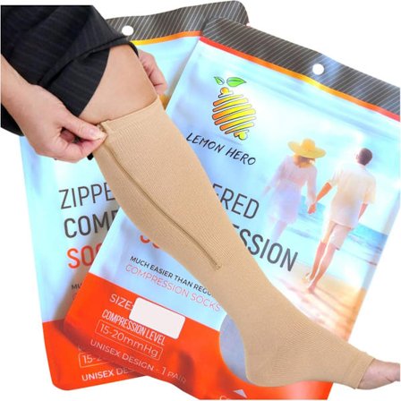 Korte/små kompressionsstrømper med lynlås og åben tå - Bedste støttestrømper til ben (L (kort) - læg 25-33 cm, beige)