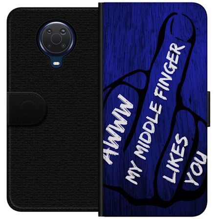 Kompatibel Tegnebogsetui til Nokia G20 Mørk typografisk illustration med hjerteform og budskab om venskab mod dybblå trætekstur