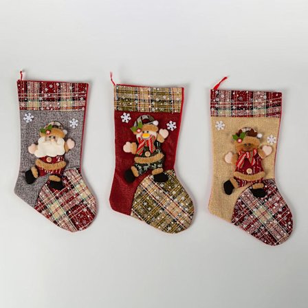 Paket med 3 julstrumpor med Santa, snögubbe och renmotiv (43 cm)