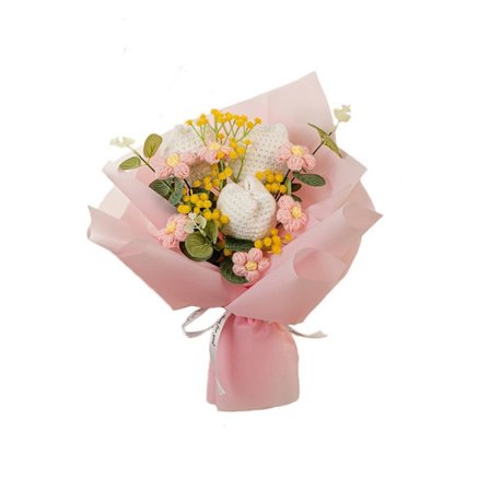 Strikket blomstergarnbukett ROSA