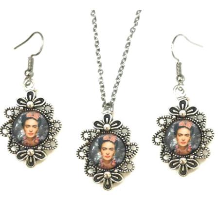 Halsband Örhängen 3-delat Frida Kahlo Feminist Symbol Rosa