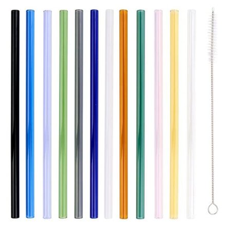 Gjenbrukbare sugerør av glass, 12-pakning med rengjøringsbørste