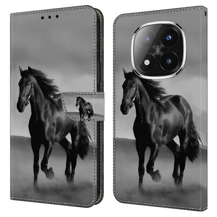 Xiaomi Redmi Note 14 Pro+ 5G Etui med magnetisk lås 3D-mønster i skinnlommebok - Svart Hest