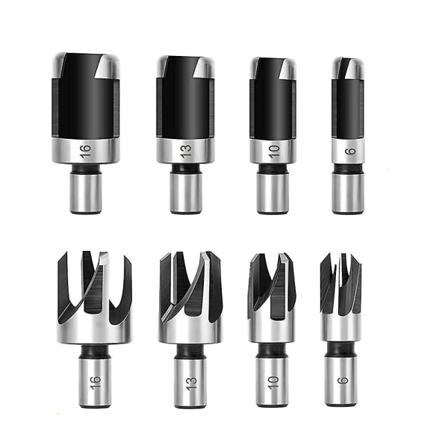 8 stk. høykvalitets borsett i karbonstål, rett konisk verktøy, korkbor, 6 mm, 10 mm, 13 mm, 16 mm