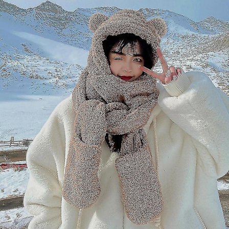 3 i 1 hue, halstørklæde og handsker sæt vinter varm sød bjørneører plys hætte hætte casual solid fortykke bomuld