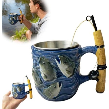 Kaffekrus med fisketema med stang & hjulhåndtag, sjovt krus i resin med fiskesnøredekoration, gave til fiskerfar mand