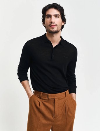 GANT Extrafine Merino Wool Polo - Black - XL