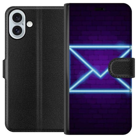 Yhteensopiva Lompakkokotelo Apple Apple iPhone 16 Plus Neonilta illuustraatio kirjekuoresta sinisessä valossa lila tiiliseinää vasten, nykyaikainen