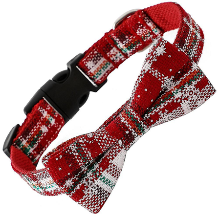 Hunde- og kattehalsbånd sløyfe Buffalo Check Plaid Jul Vinter Snøfnugg Kjæledyrhalsbånd rød(Rød L)