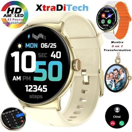 XtraDiTech Sport Connected Watch with Call 1,43 AMOLED-skärm Digital Crown 2 Armband Transformability Fick Watch