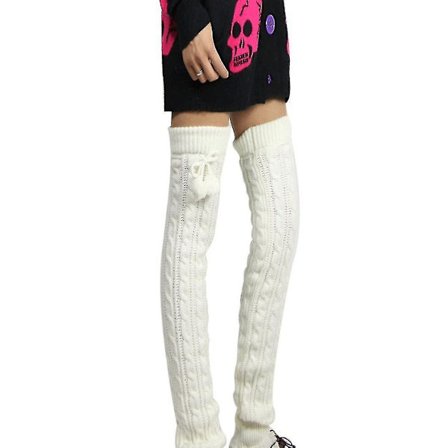 Höst/vinter damstrumpor i stickat material, över knäet, termiska med boll (vit)