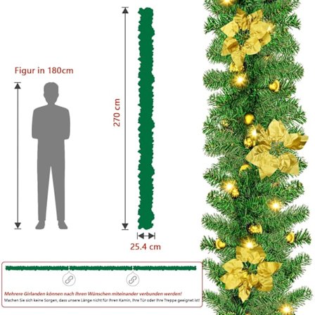 Julkrans med Ljus - Konstgjord Grangirlang med Guldblommor, Glänsande Kulor - Julkrans Juldekoration Trappor Öppen Spis