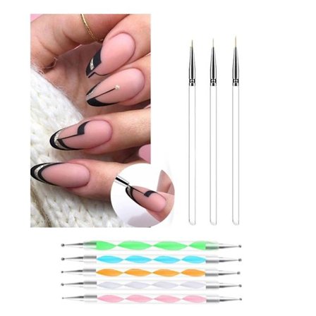 Perfekt Nagelkonstset - 3 Nail Art Penslar & 5 Dotting Tools