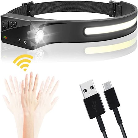 Rörelsesensor Pannlampa Uppladdningsbar, LED Pannlampa med 5 Ljuslägen för Handsfree Användning, 230° Bred Strålkastare för Utomhusarbete, Justerbar