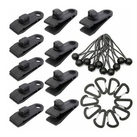 10 stk. presenningsklemmer, stærkt låsegreb med 10 stk. bindestropper og karabinhage til camping, campingvogn, poolafdækning