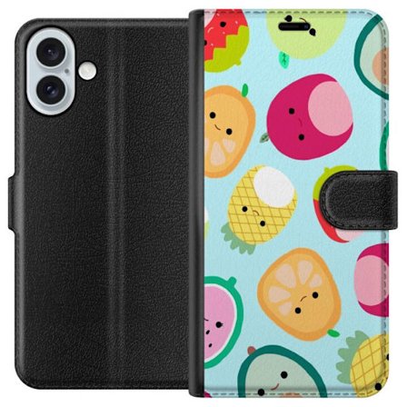 Kompatibelt Lommeboketui til Apple iPhone 16 Plus Mønster av kawaii-frukter som jordbær sitron ananas og avocado på lyseblå bakgrunn