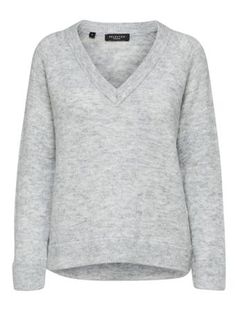 Slflulu Ls Knit V-Neck Grey Selected Femme