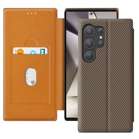 Etui för Samsung S24 Ultra Kolfiber Med Videostöd och Anti-RFID Brun