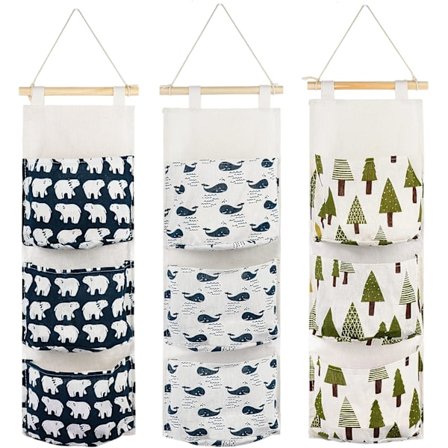 3 stk Henge-Oppbevaringspose med 3 Lommer, Premium Stoff Vegg Hylle