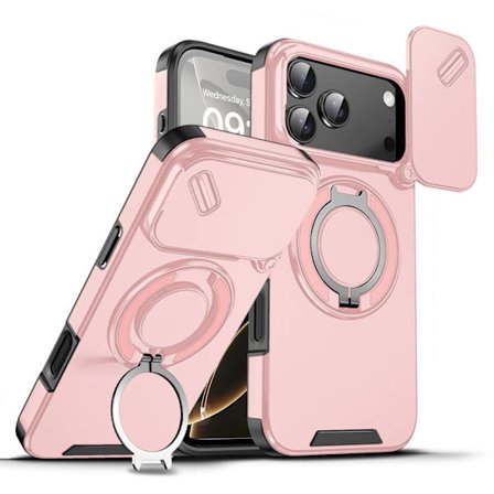 iPhone 17 Air cover med telefonstativ og linsebeskyttelse, pink.