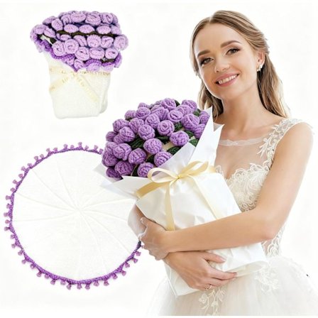 Handgjord virkad filt med 58 handgjorda blommor, 80 cm diameter konvertibel bukettpläd, Alla hjärtans dag-present (Lila ros, 80 cm)