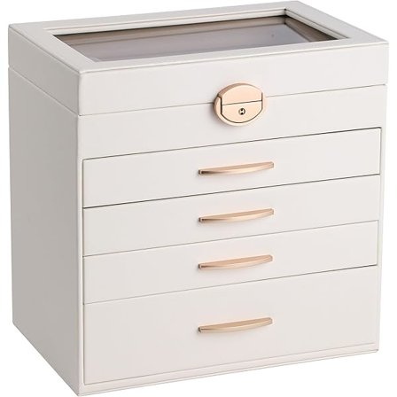 Låsebar Smykkeæske med Glaslåg, 5-lags Smykkeorganisator med Nøgle, 4 Skuffer, til Solbriller, Øreringe, Halskæder, Stor Opbevaring, Moderne Stil, 