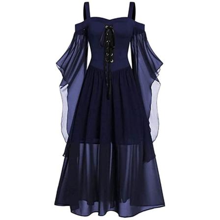 Halloween Medeltida Renässans Cosplay Kostymer Häxa Gotisk Pirat Viking Vestidos Bandage Dress Up Party Xmas Klänning För kvinnor Navy Blue 4XL
