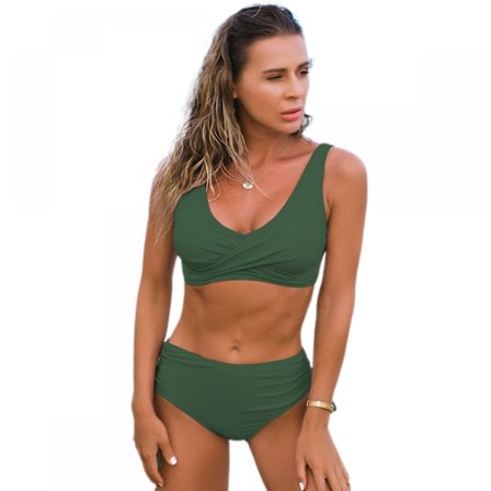 Dames Højtaljede Ensfarvet Bikini 2-delt Badetøj --- Army Green(Størrelse XL)