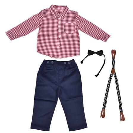 Baby Boy Kläder Set Långärmad Skjorta Fluga Hängslen Byxor Pojk Outfits Set för Vår Höst Röd 80cm
