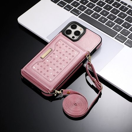 Etui til iPhone 13 rose gull tri fold snorveske anti-tyveri børste lommebok skinn