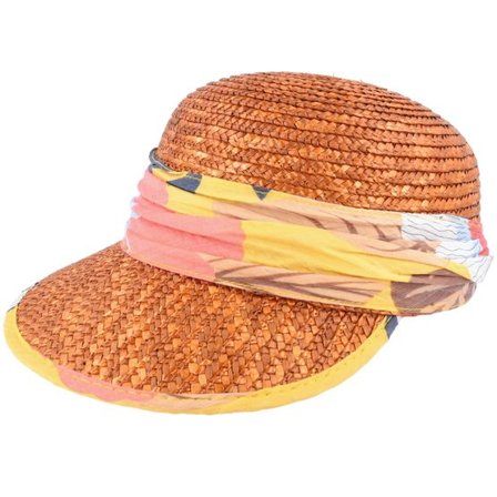 Seeberger - Beige straw Hatt - Cap With Flower Fabric Teak Honey Straw Hat @ Hatstore