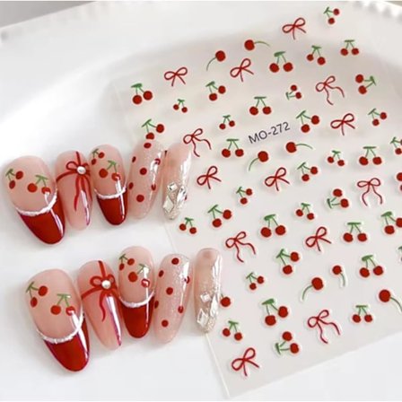 5D Prægede Kirsebær Negle Klistermærker Sommer Frugt Rød Kirsebær Sløjfe Negle Kunst Klistermærker Mærkater Selvklæbende Fransk Negle Kunst Design 