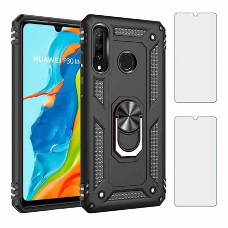 Huawei P30 Lite Cover og [2-pak] Hærdet Glas, 360 Graders Roterende Ringholder Stativ 2 i 1 Beskyttelsescover, Sort
